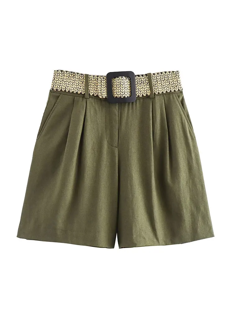 

TRAFZA Fashionable High Waisted Chic Belted Elegant Women's Linen Shorts Summer Clothing Women's Retro Army Green Street Shorts