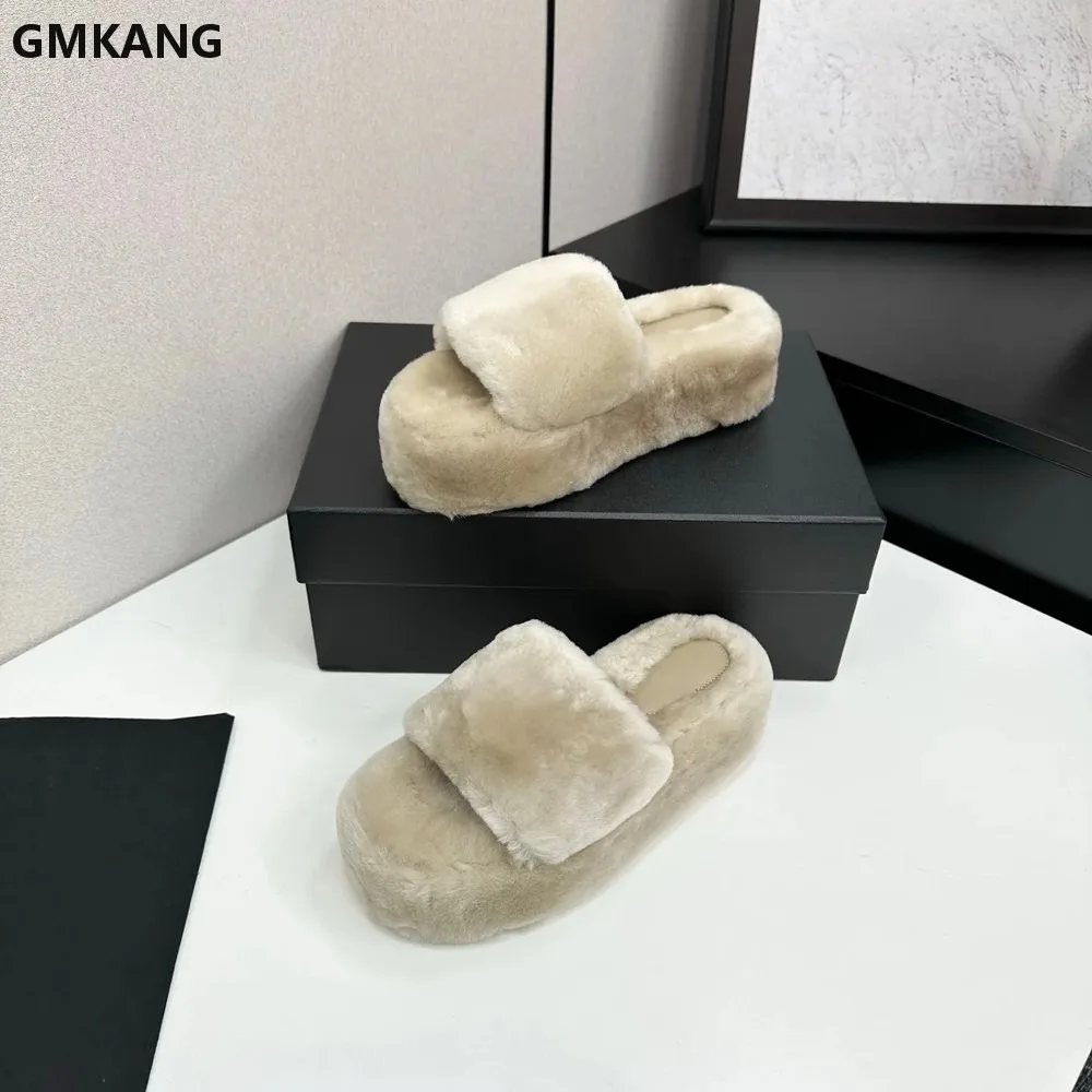 Fuzzy Fur Platform Slide Slippers for Women Open Toe Winter Warm Thick Sole Comfortable Indoor Outdoor House Sandals