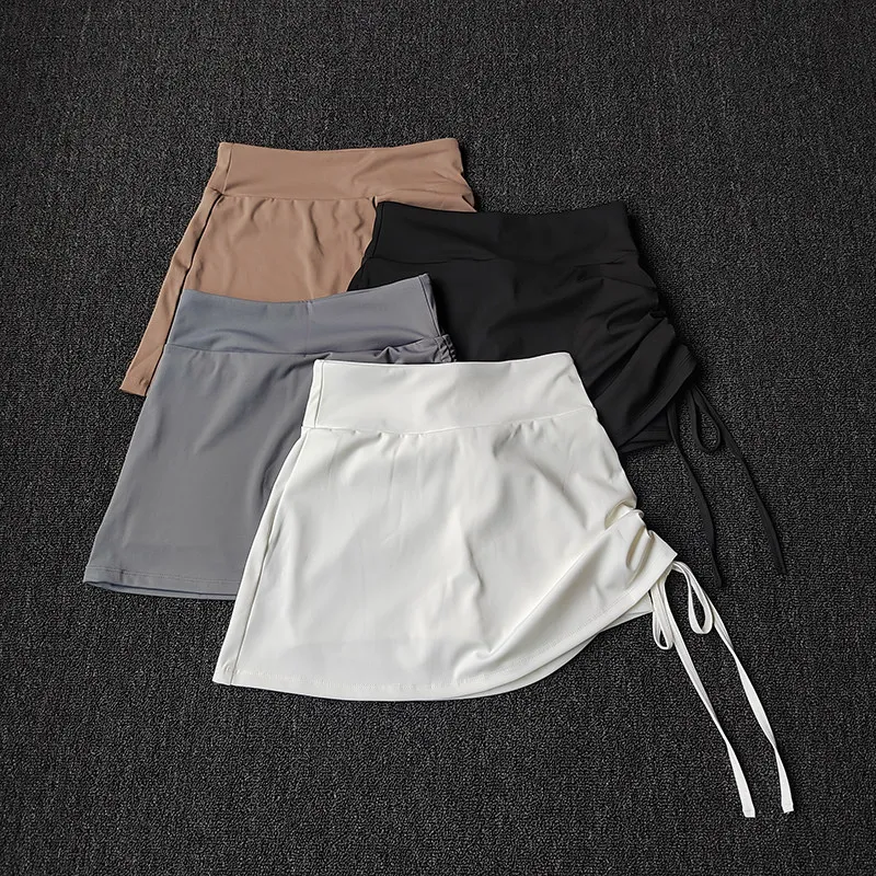 High Waist Running Skort for Women, Drawstring & No Show Shorts, Quick Dry Fake Two-Piece Yoga Skirt