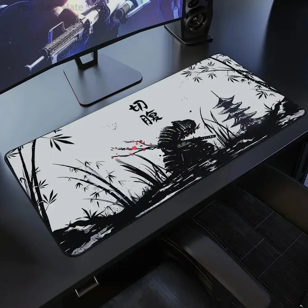 Alfombrilla de Escritorio Japonesa con Diseño de Samurái Alfombrilla de teclado para juegos en blanco y negro, alfombrilla de escritorio extendida Oni Samurai, alfombrilla para ratón Ghost of Tsushima