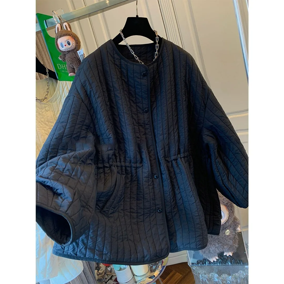 Retro Quilted Cotton Jacket Women's Winter Thickened Warm round Neck Loose Fit Versatile Cotton Coat Small Cotton Padded Jacket