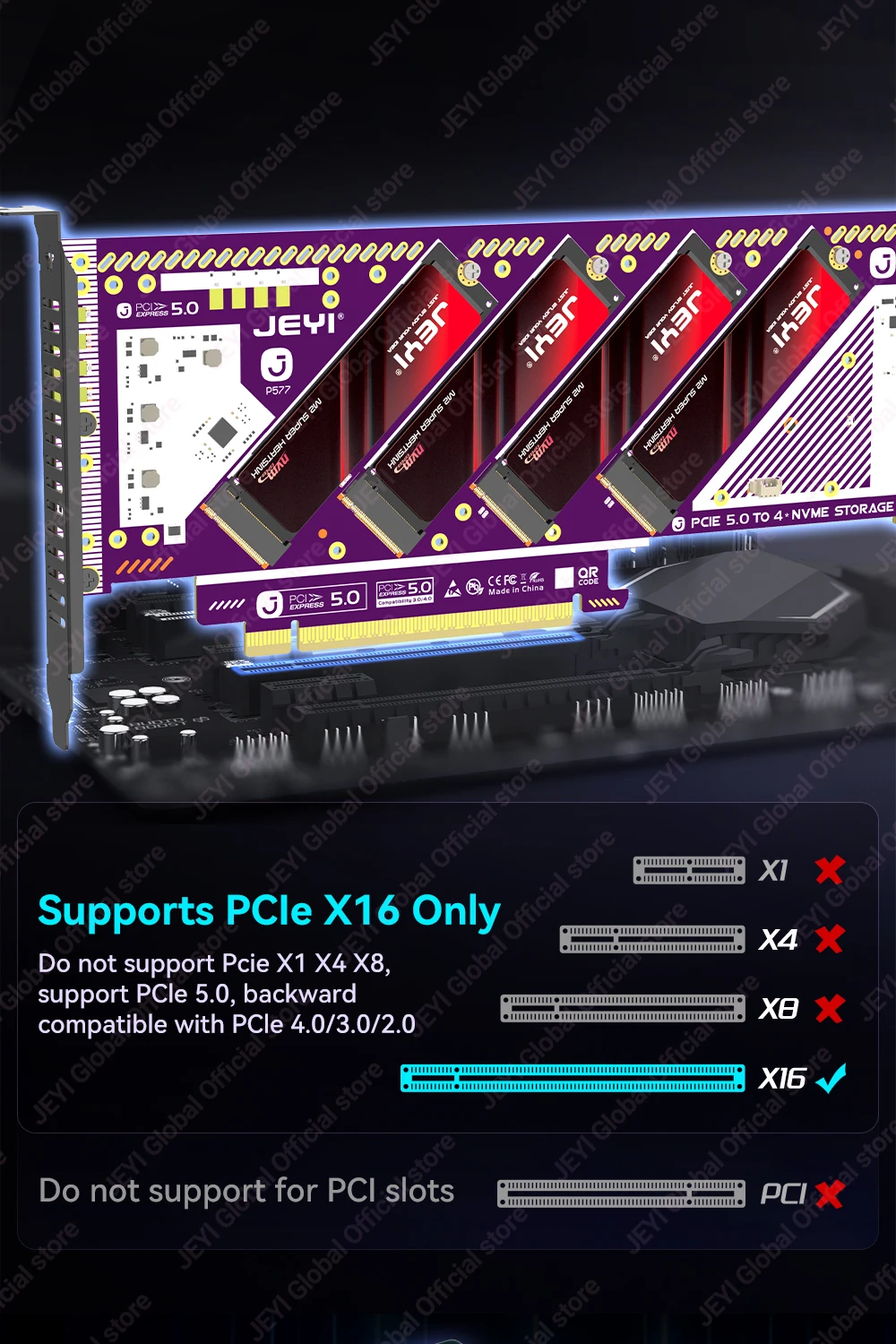 JEYI 4-Bay PCIe 5.0 X16 Quad M.2 Erweiterungskarte NVMe RAID 0/1/5/JBOD Adapter 512 Gbit/s Geschwindigkeit 8 TB pro SSD Kompatibel PCIe 4.0/3.0 – Detail 7