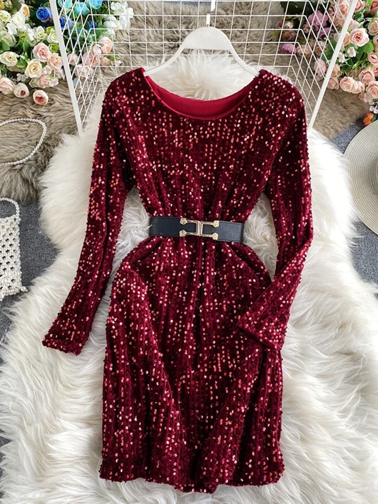 Autumn Winter New Temperament Fashion Women's Sequined Round Neck Tie Waist Thin Sexy Bag Hip Nightclub Dance Dress UK749