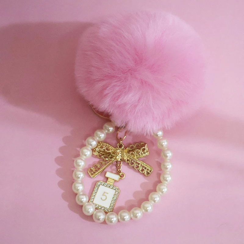 Fashion Pompom Keychain Number 5 Faux Fluffy Crystal Bottle Bow Pearl Chain Women handBag Car Key Chain Ring Keychains Jewelry