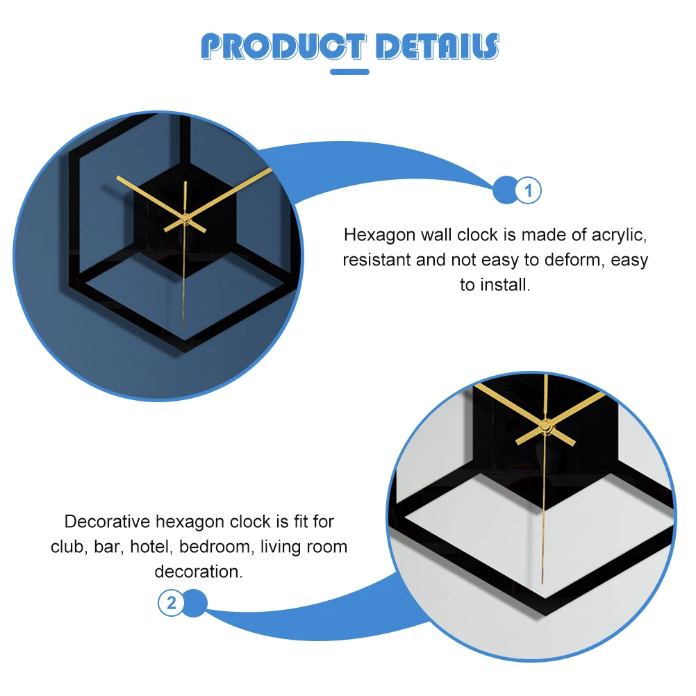

Modern Acrylic Hexagon Wall Clock Black Decorative Creative Mute Hanging Clock Decor Home Living Room Bedroom Bar Club Hotel