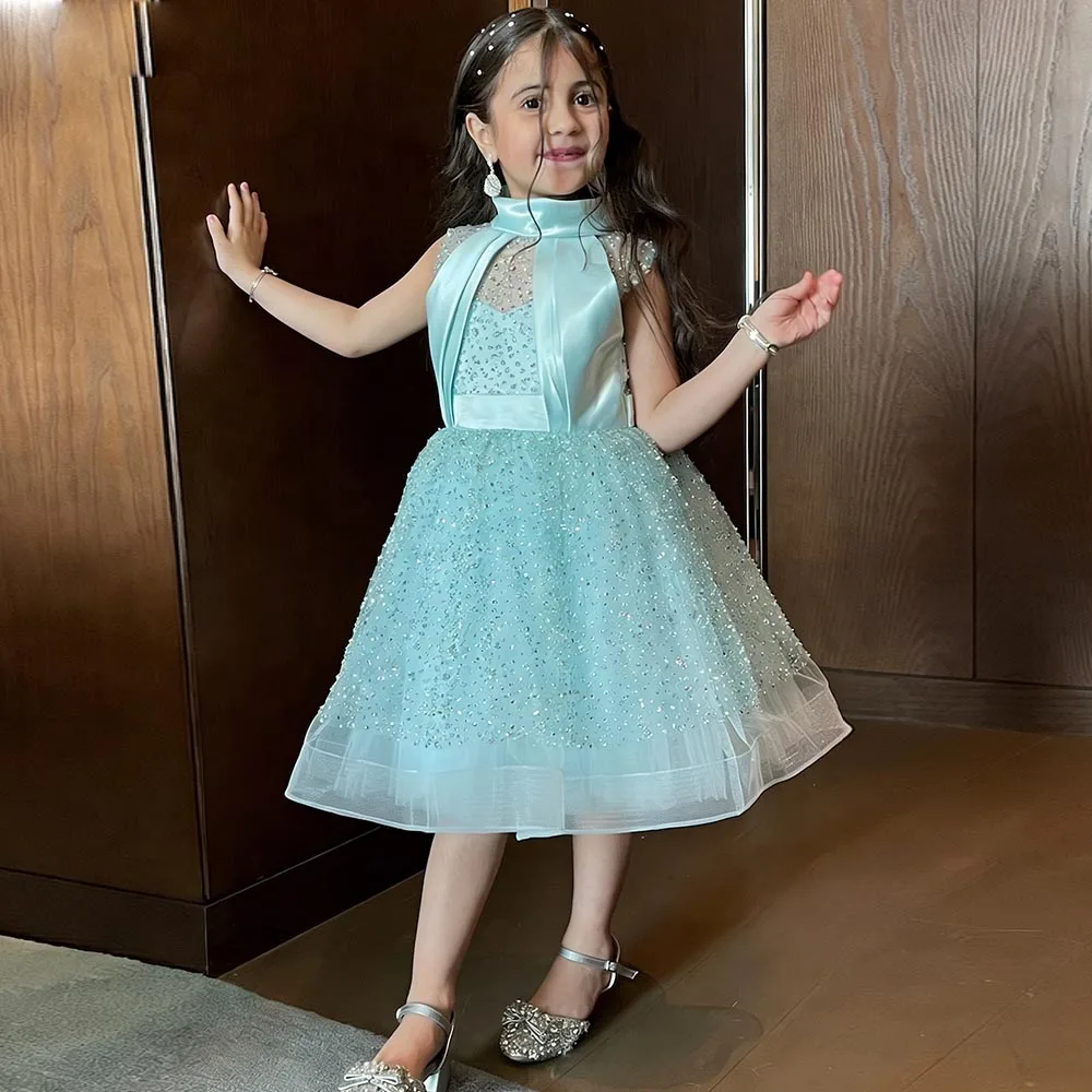 

Glitter Princess Dress Sequin Flower Girl Dresses Cute Blue Dress For Girls High Neck Birthday Dress Short Puffy Kids' Dresses