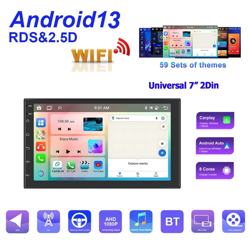 

Android 13 7-дюймовый автомобильный радиоприемник 2 Din Беспроводной Carplay Android Auto GPS-навигация Мультимедийный MP5-плеер FM Bluetooth 4G + 64G