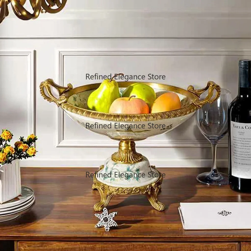 Antique Home Decoration Porcelain Candy Tray/Dish With Brass High Feet With Luxury French Ceramic Craft & Art Fruit Bowl