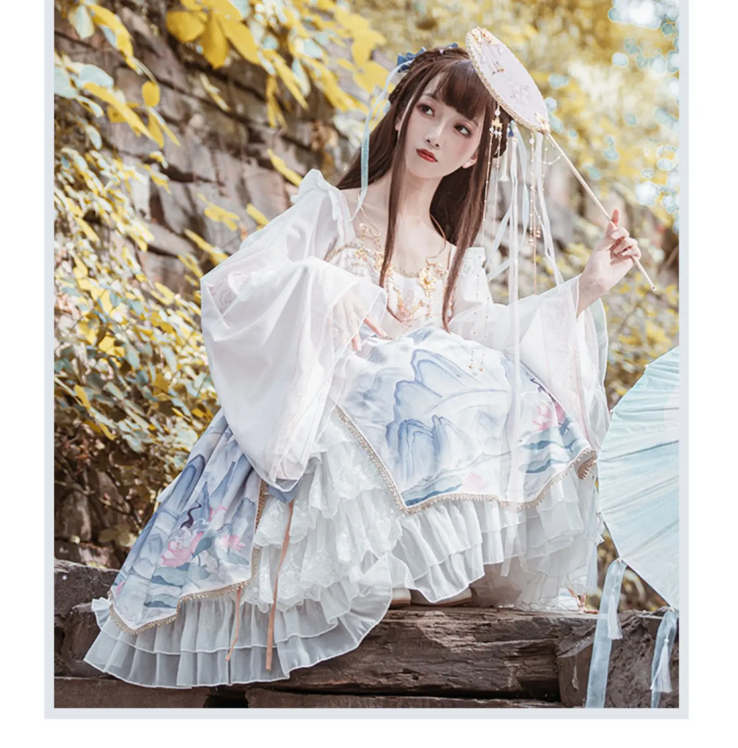 봄 새로운 긴 소매 중국어 이동식 허리 인감 로리타 드레스 소녀 귀여운 활 플레어 슬리브 높은 허리 무릎 길이 드레스