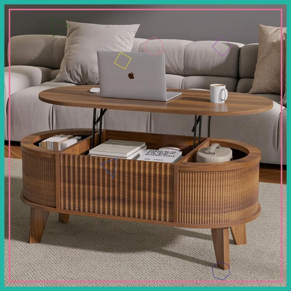 

Современный журнальный столик с подъемным верхом и местом для хранения вещей, овальный рифленый дизайн для гостиной, домашнего офиса (ореховая отделка)