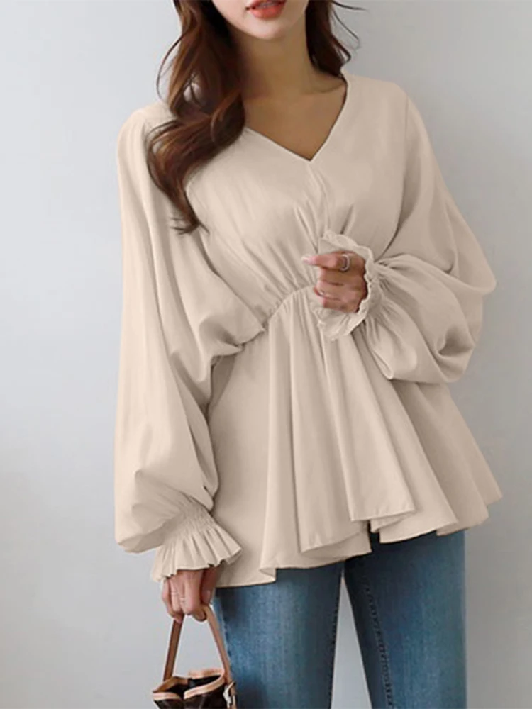 Stylish Ruffles OL Blouse Autumn Women Tops 2024 ZANZEA Elegant V Neck Long Flare Sleeve Shirt Fashion Solid Pleated Work Blusas