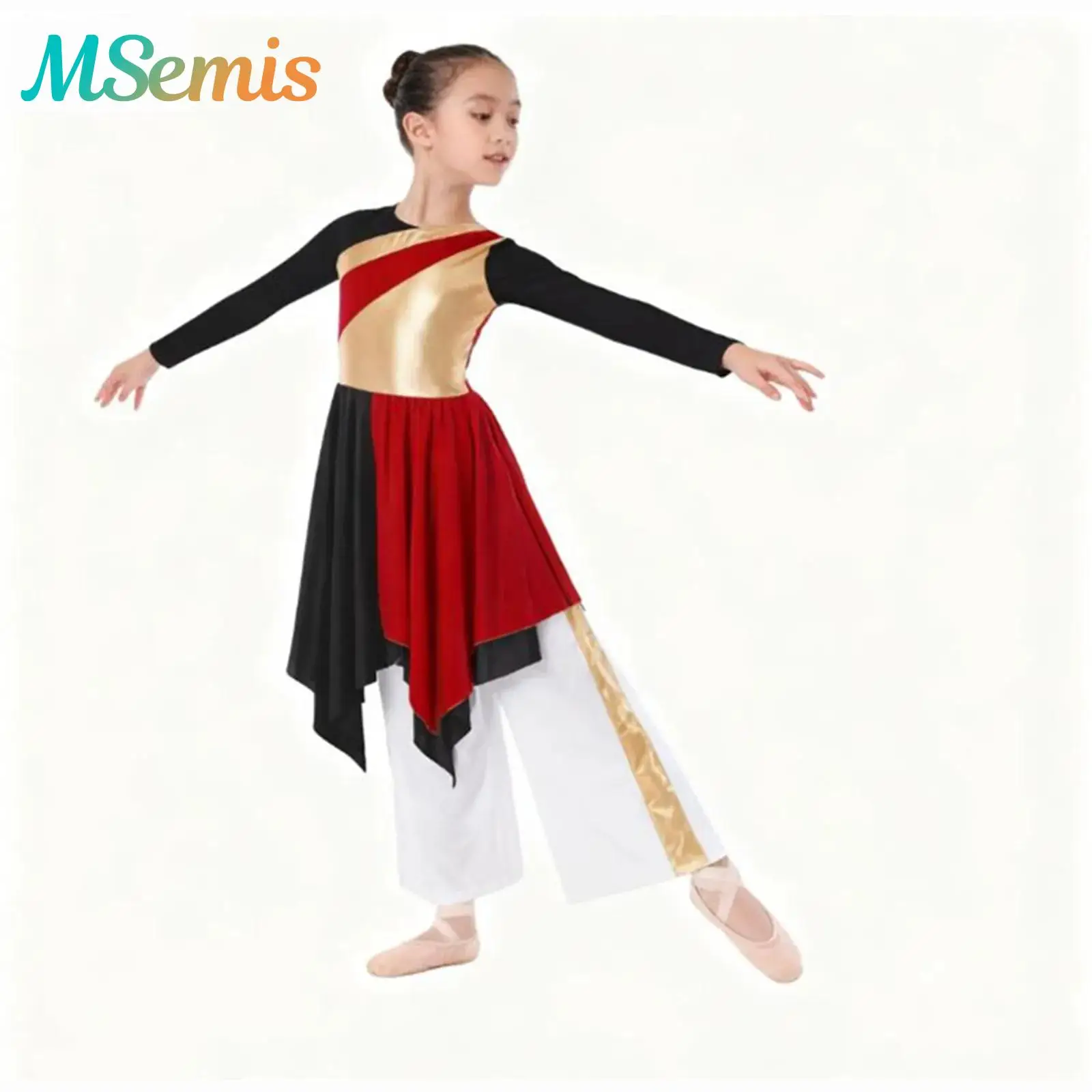 Disfraz de actuación de coro de baile de Ballet lírico cristiano de alabanza litúrgica para niñas, vestido tipo túnica metálico con pantalones de pierna ancha