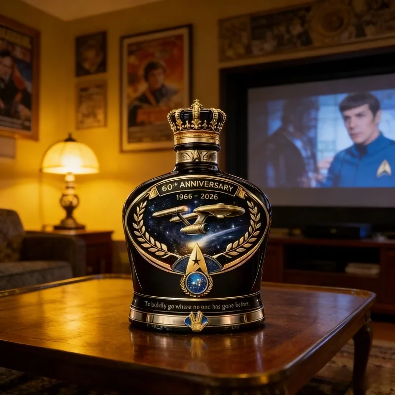 

Коллекционный декоративный графин для виски «Звездное стекло» к 60-летию, с эмблемой короны и космического корабля