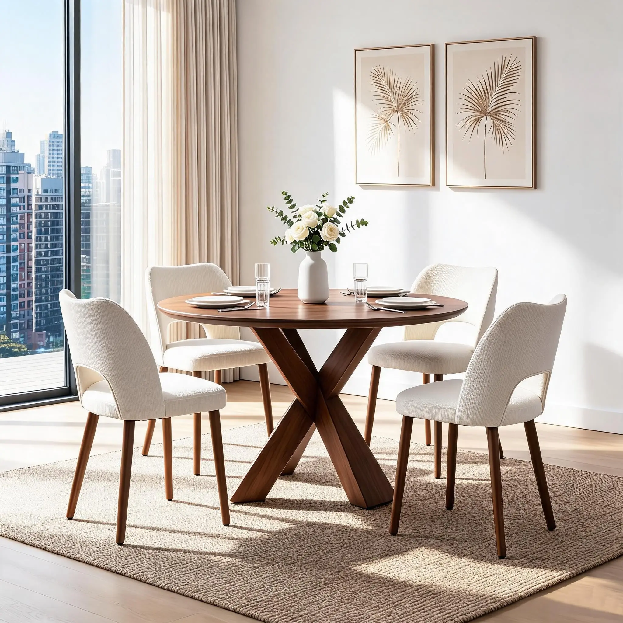 Upholstered Dining Chairs Set Of 2 Linen Blend Fabric Mid-Century Modern Kitchen Chairs Solid Wood Legs Padded Seat Open Back