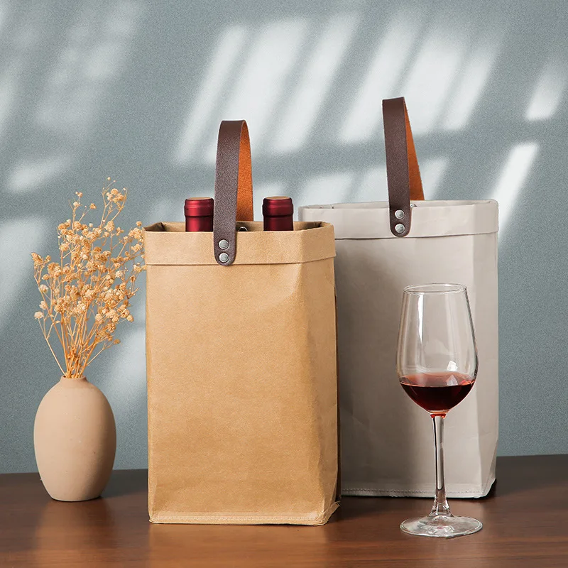 2 tamaños 2023 gran oferta 2 uds./lote Nordic High End Portable Red Wine Handbag lavable Kraft Paper Packaging Gift Bag se puede personalizar