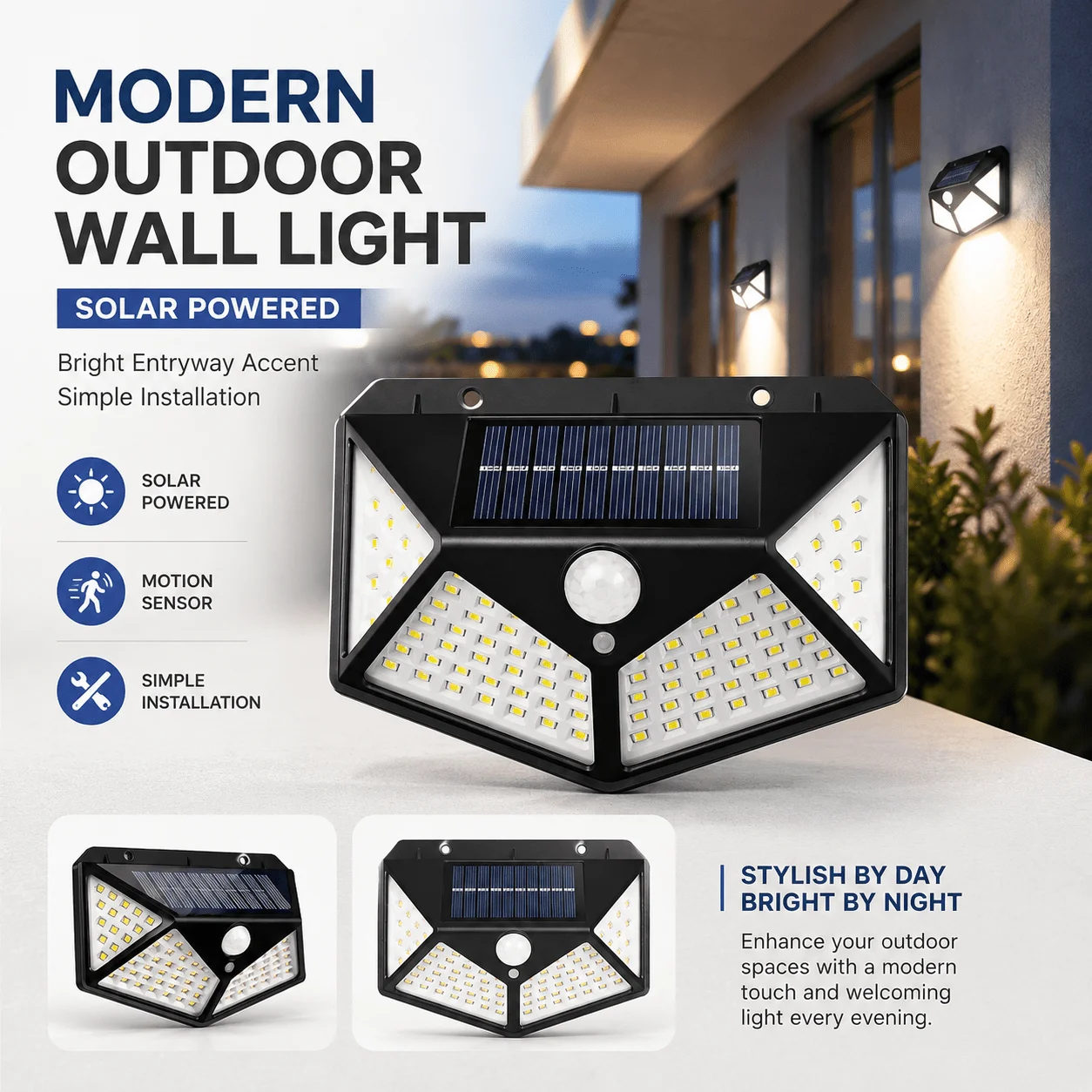 100LED Solar Street Light Outdoor Motion Sensor Wall Lamp 3Modes Portable Garden Lighting,Fence Villa Balcony Pathway Floodlight