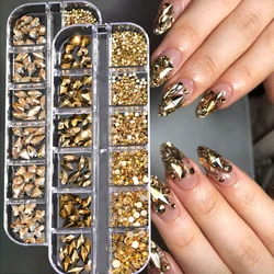 720/1000Pcs Gold/Champagne Nail Diamond Rhinestone Mixed Sized 2-6mm Shiny Flatback Glass Crystal Gems Hot-fix Nail Art Jewelry