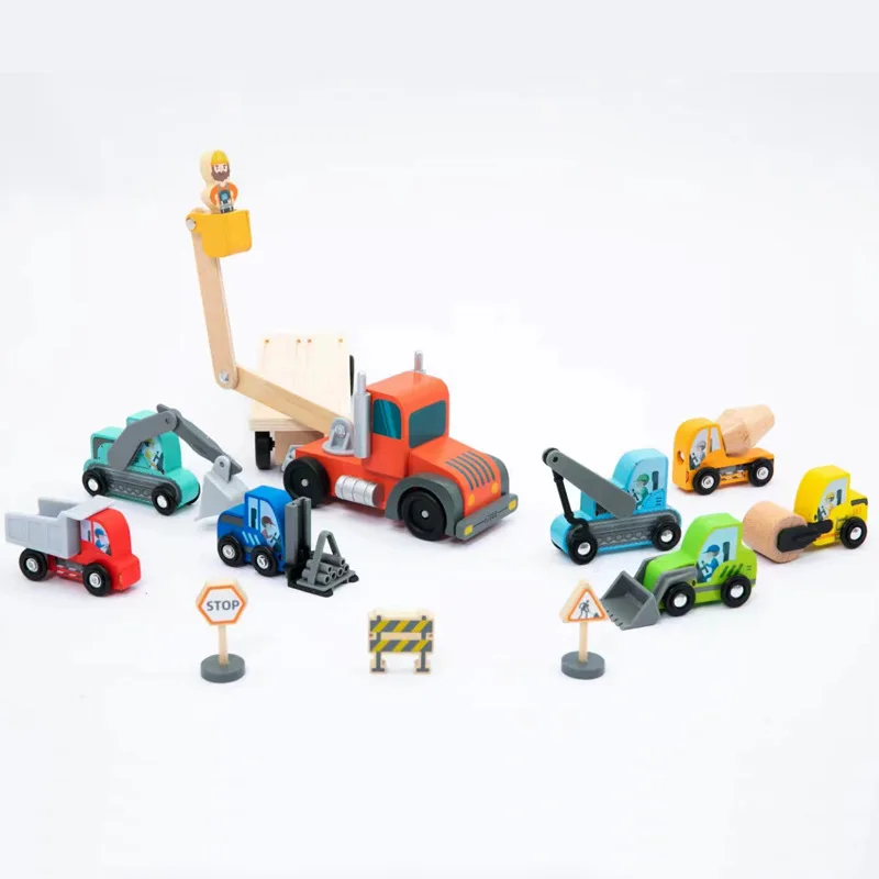 Vehículos de sitio de construcción, Carrier Boys Engineering Car Model Excavating Earth Roller Lifting Truck, bloques de construcción, juguetes de madera