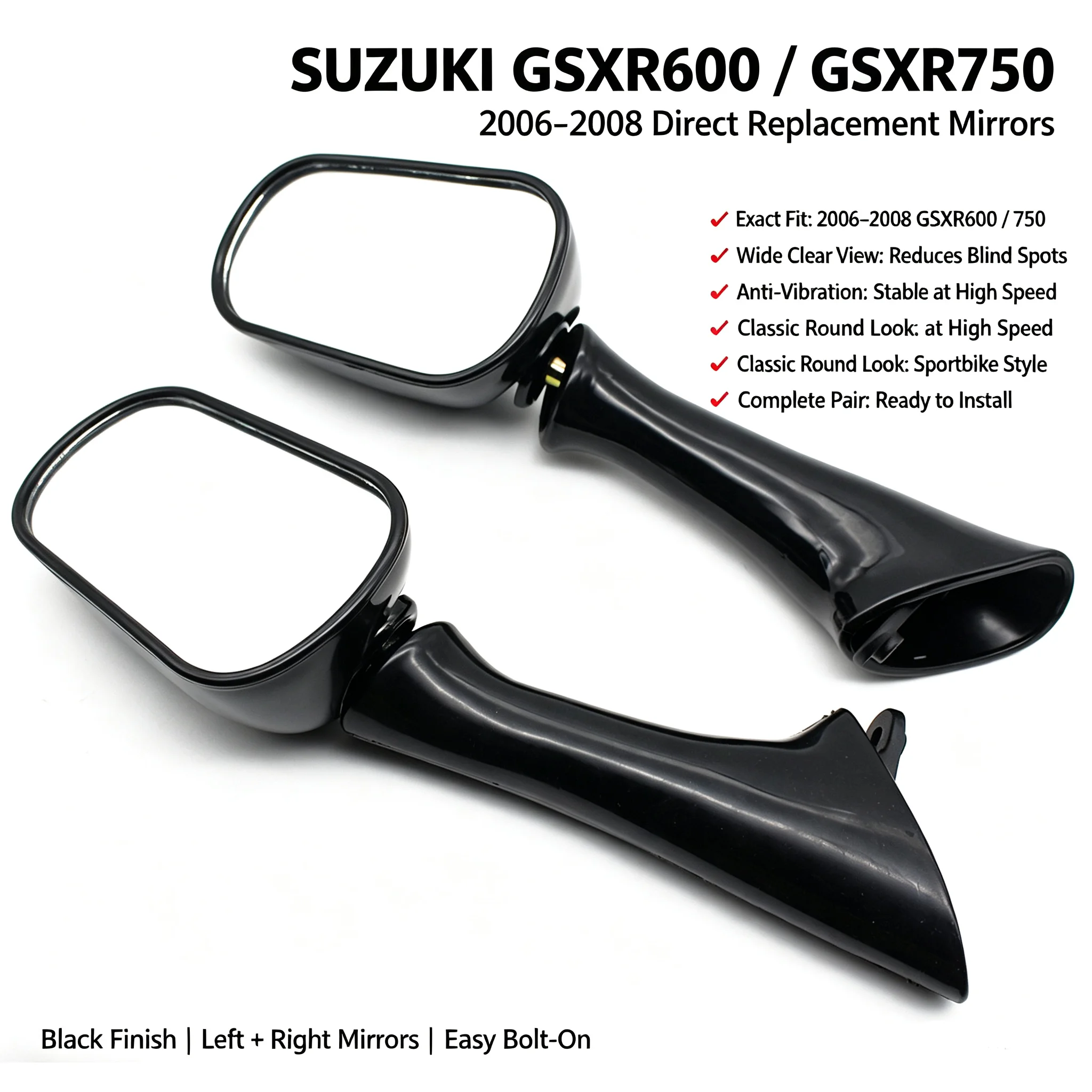 Pair Motorcycle Side Mirrors for Suzuki GSXR600 GSXR750 2006-2008, Universal Rearview Replacement