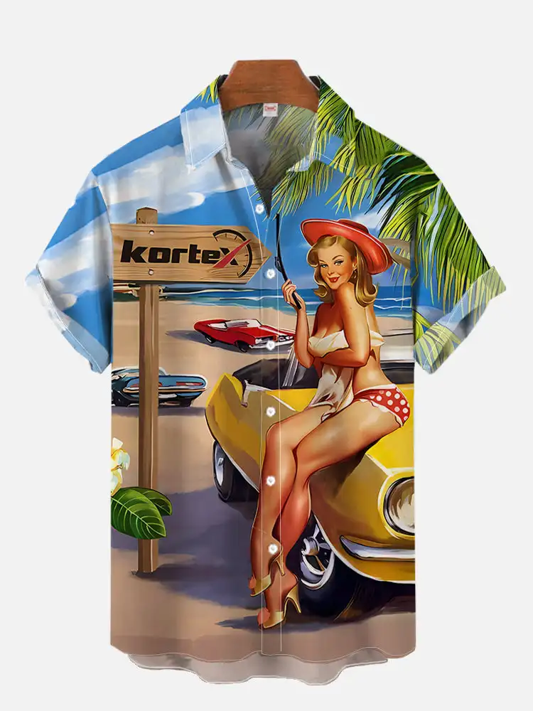 1970S-1980S Vintage Pin Up Girl Poster Hawaiian Beach Cowgirl Printing Short Sleeve Shirt Fashion Hawaiian Shirt For Men Hrajuku