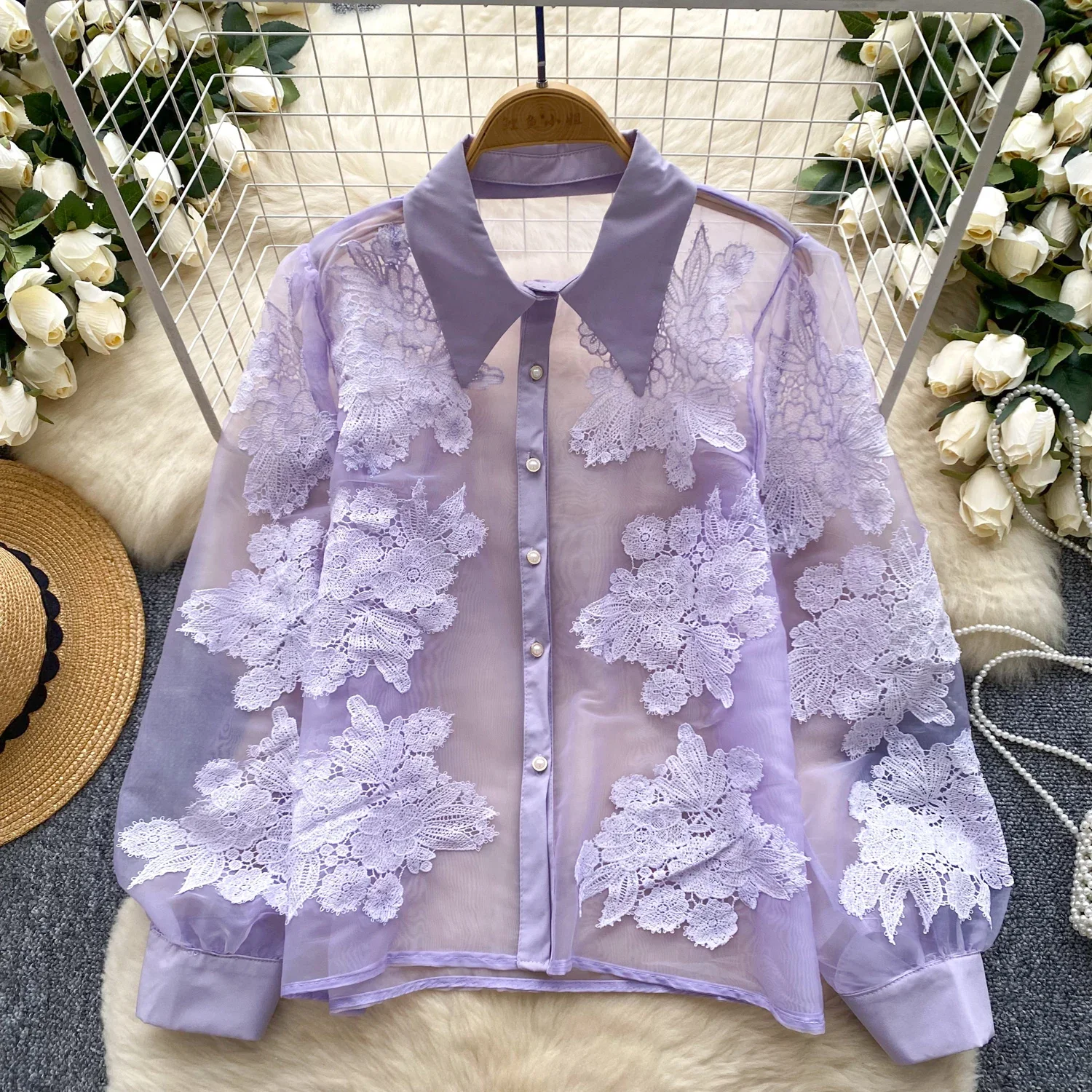 Basics Turn-down Collar Long Sleeve Slim Single Breasted Chic Floral Embroidered Mesh Top French Women High Street Autumn Blouse