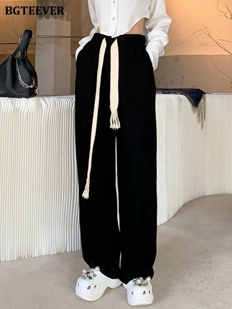 BGTEEVER Spring Drawstring Trousers for Women Casual Elastic Waist Loose Pockets Solid Wide Leg Long Pants Female