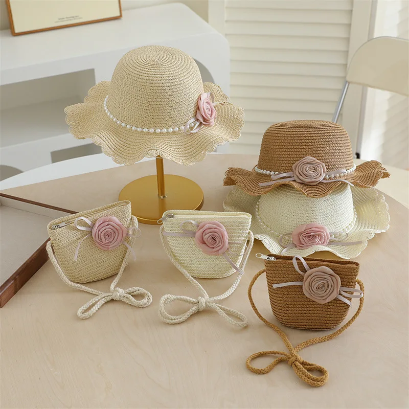 Mädchen Blume Perle Strohhut Und Tasche Set Kinder Sommer Breite Krempe Sonnenschirm Sonnenhüte Prinzessin Outdoor Reise Strand Kappe