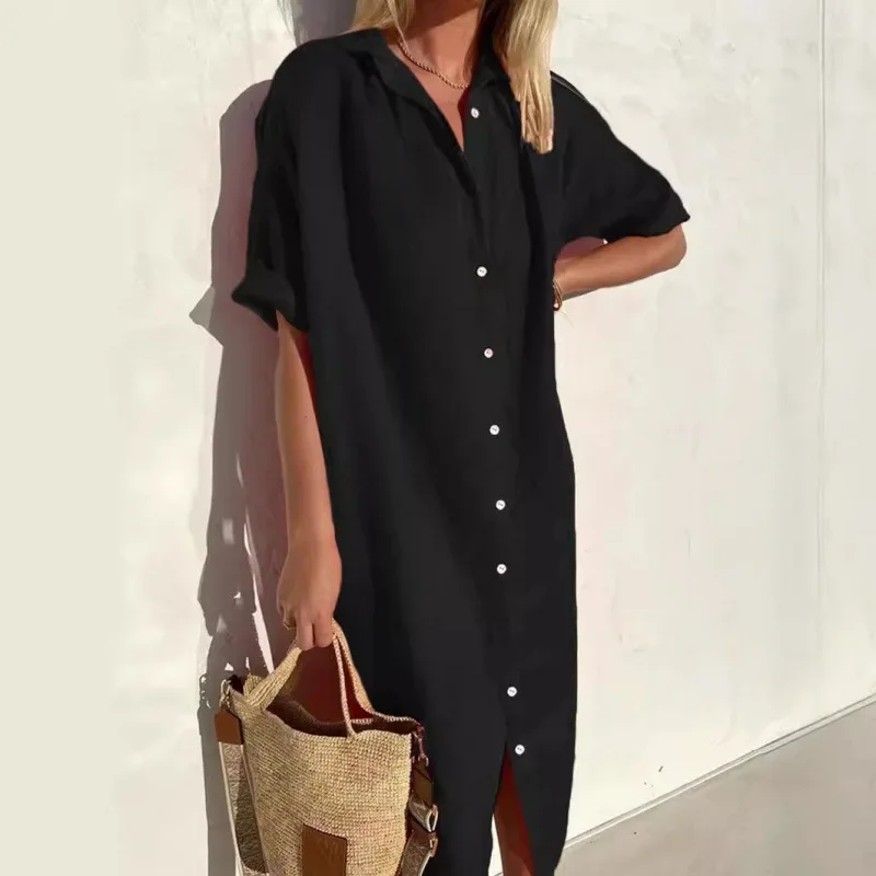 Spring Summer Long Shirt Dress For Women Office Commuting Versatile Short-sleeved Button Elegant Casual Pocket Solid Color Dress