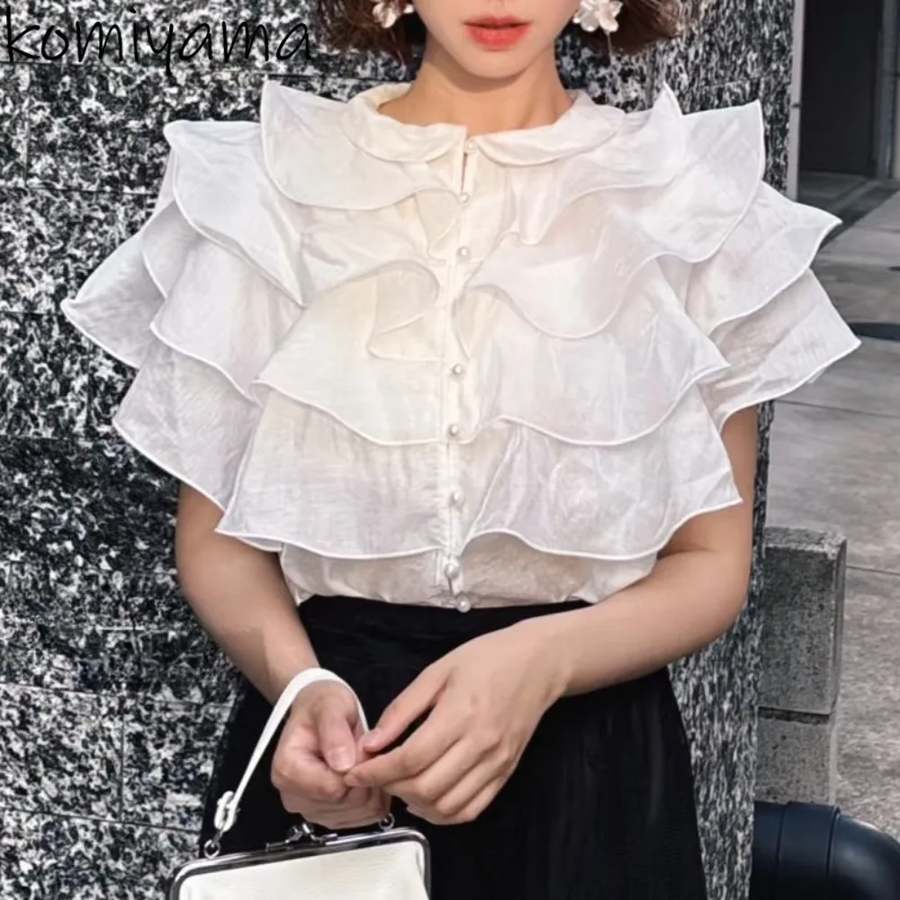 

Peter Pan Collar Camisas Cascading Ruffle 2025 Shirts Blouses Japan New Ropa De Mujer Single Breasted Blusas Woman Clothing