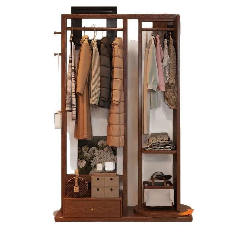 

Solid wood coat rack Floor-to-ceiling bedroom Home living room Hanging hanger Full-length mirror Integrated home