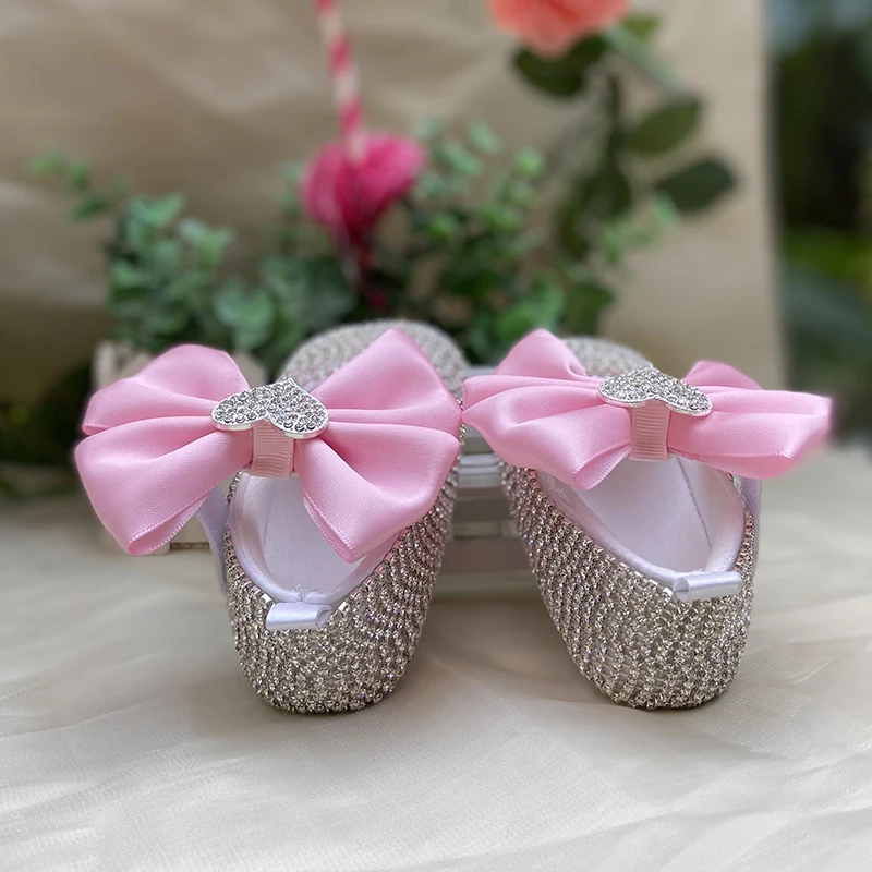 Dollbling 4 Seasons Girl 0-4 Years Gracefule Pink Butterfly Knot Prewalk Indoor Soft-Sole Shoes for Christening or Baby Shower