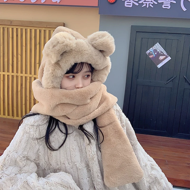 2024 New Winter Thickened Bear Hat Scarf All-in-one Female Korean Version Cute Fashion Cycling Warm Gloves Three-piece Set 모자