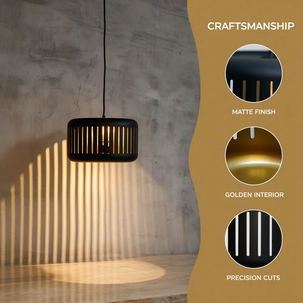 Modern Cutout DrumPendant Light Black Exterior Golden Inside Adjustable Cable E27 EU Plug Ambient Hanging Lamp For Home Interior