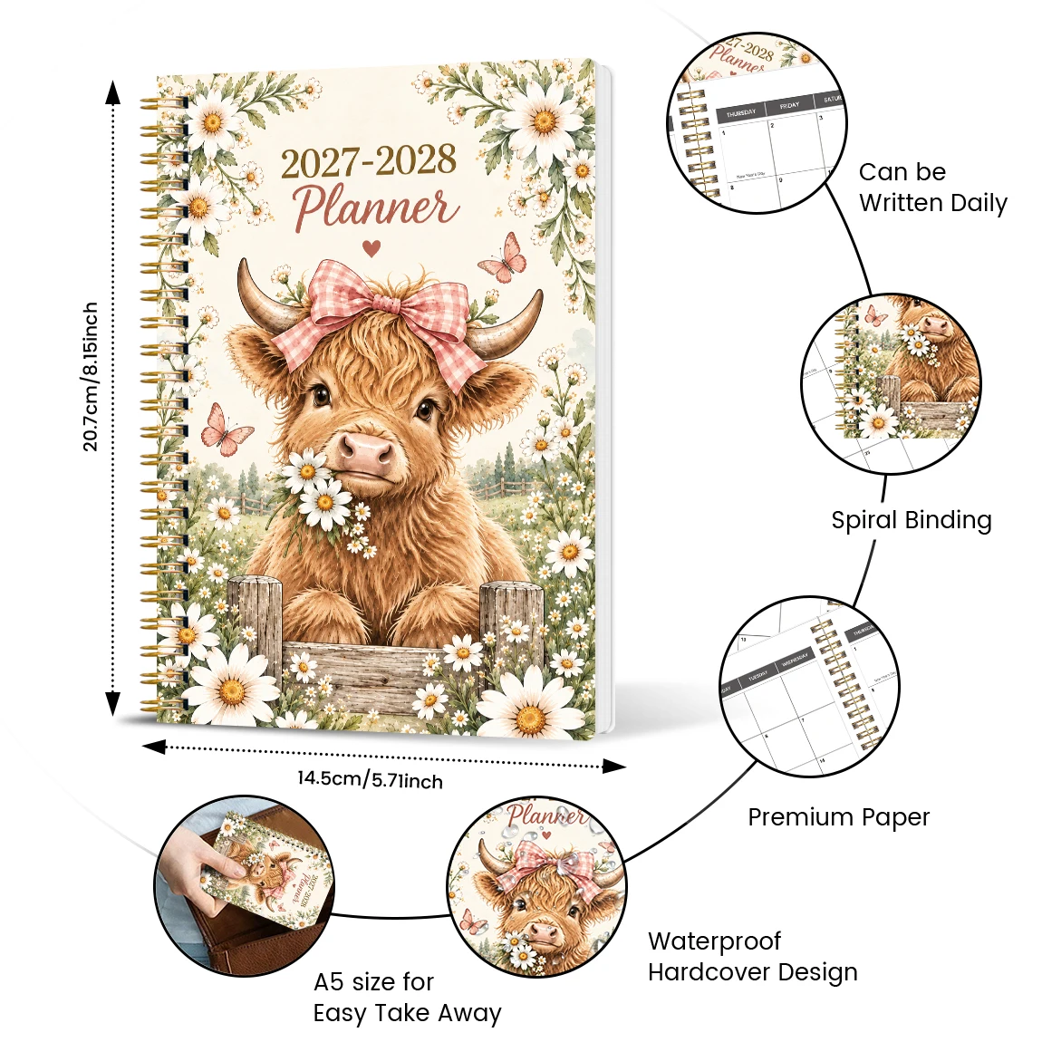 1PC 2027-2028 Monthly Planner Notebook, A5 Cream Highland Cow Spiral Calendar with Sticker Sheets, for Office, Work & Meetings