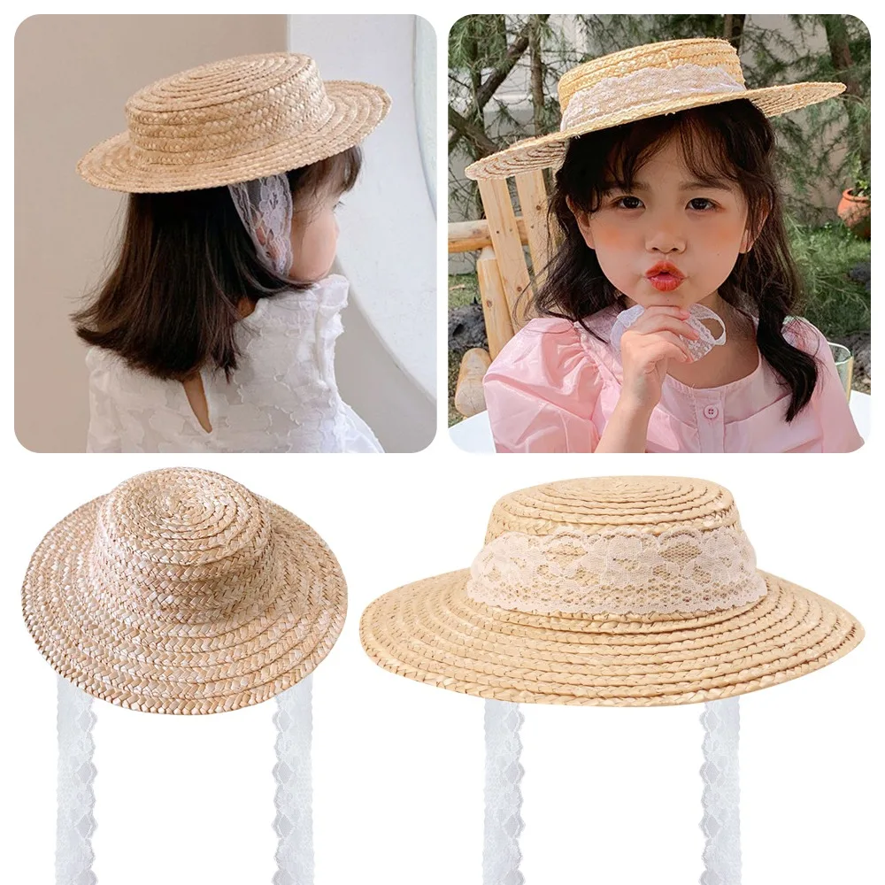 Fashion Handwoven Girl Sun hat Lace Up Breathable Straw Hat Flat Top Hepburn Wind Sunscreen Cap Outdoor