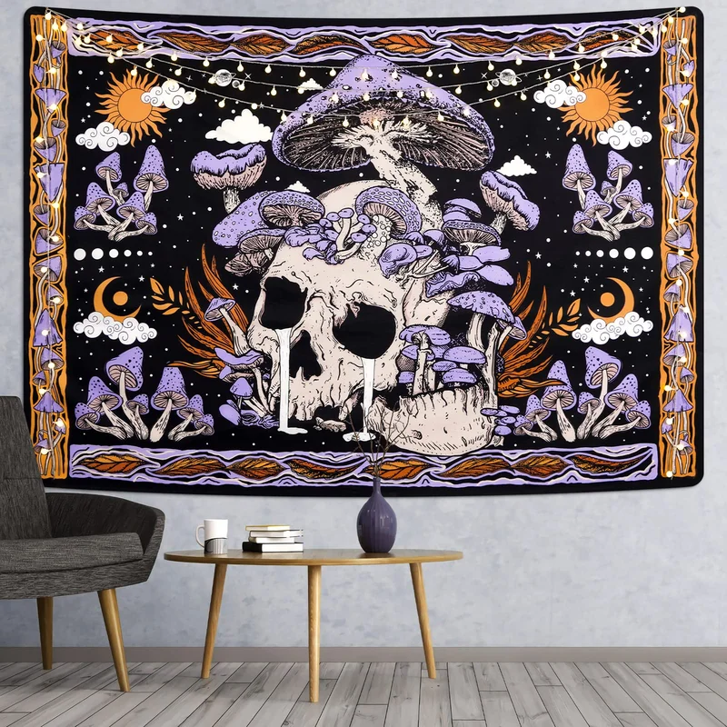 VIKAMA Purple Mushroom Skull Tapestry Hippie Trippy Wall Hanging Sun Moon Stars Black Background Boho Indie Wall Art Dorm Decor