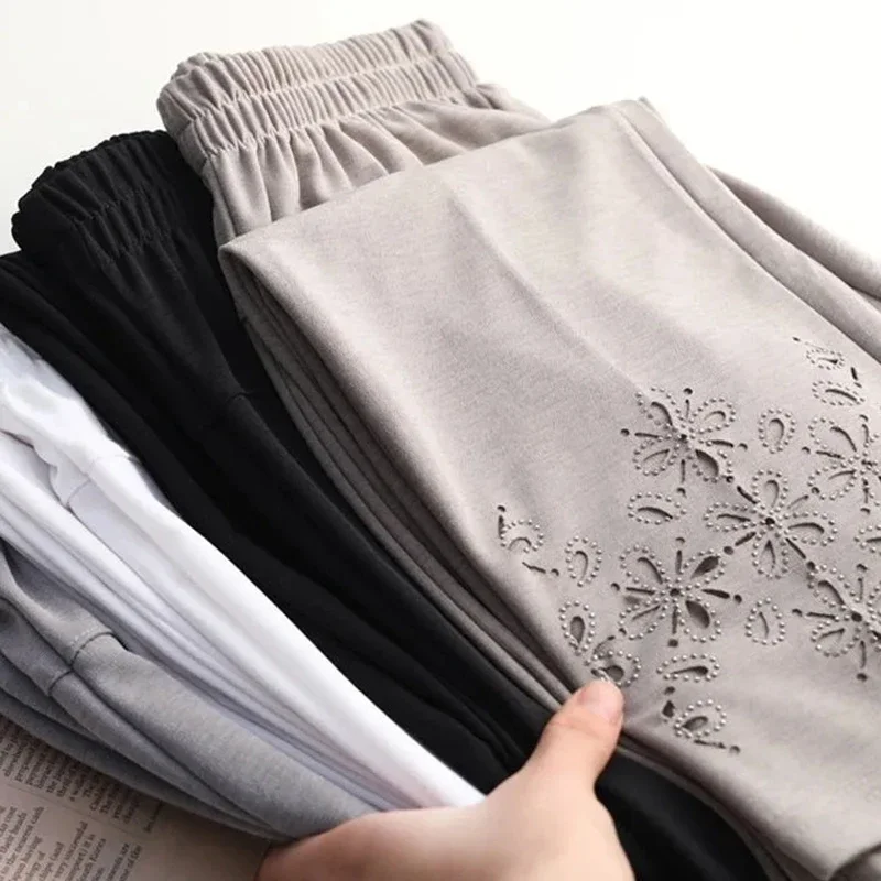 

Women Summer Pants New Fashion High Waist Elastic Casual Pants Middle-aged Elderly Female Thin Straight Pants Black XT1137