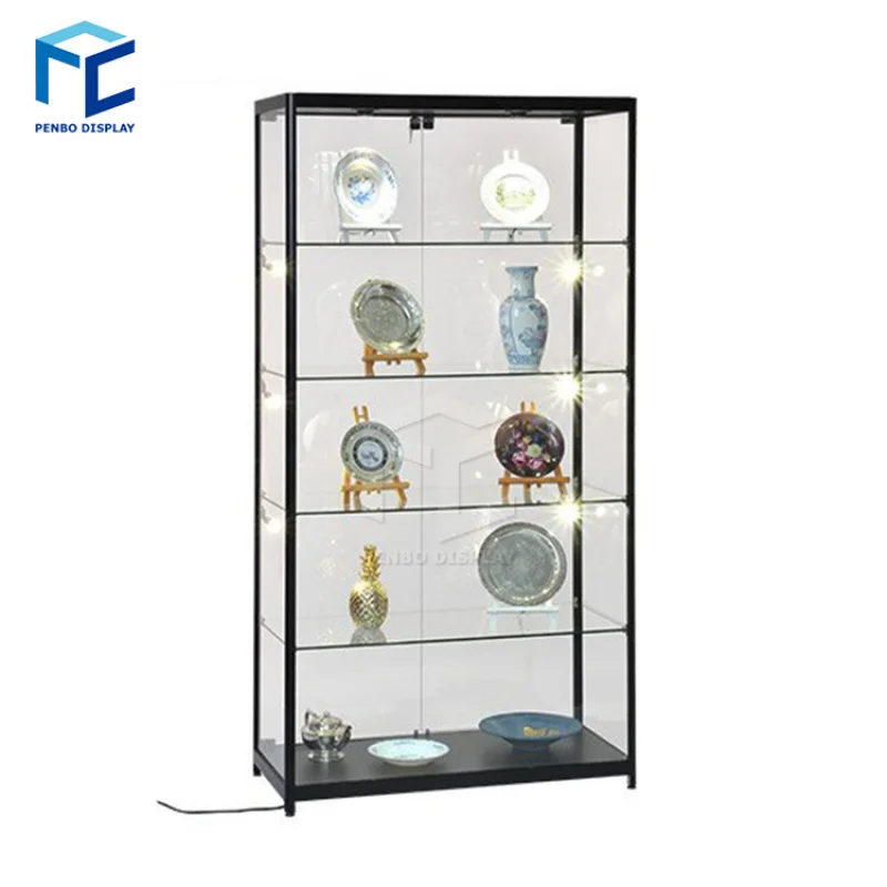 2025customized.High class led lighting lockable aluminum frame style wooden color glass wall showcase/glass wall display