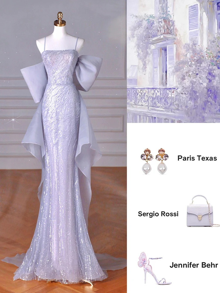 

Purple Evening Gown Women's High-End Luxury Strapl Fi Tail Dr Adult Ceremony Host Art Exnation Korean Sle Bea...