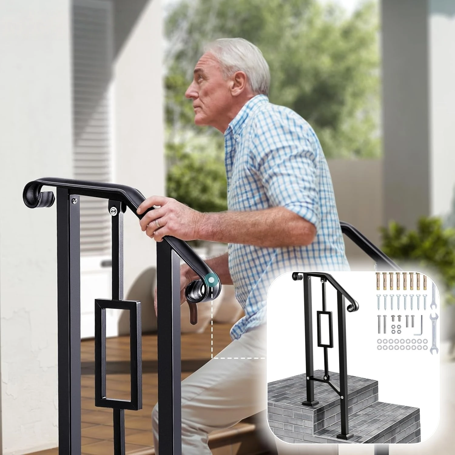 درابزين خارجي أسود - درابزين مزدوج عالي التحمل يناسب خطوة 1-2 مع مجموعة التثبيت - حديد غير لامع للشرفة الخرسانية