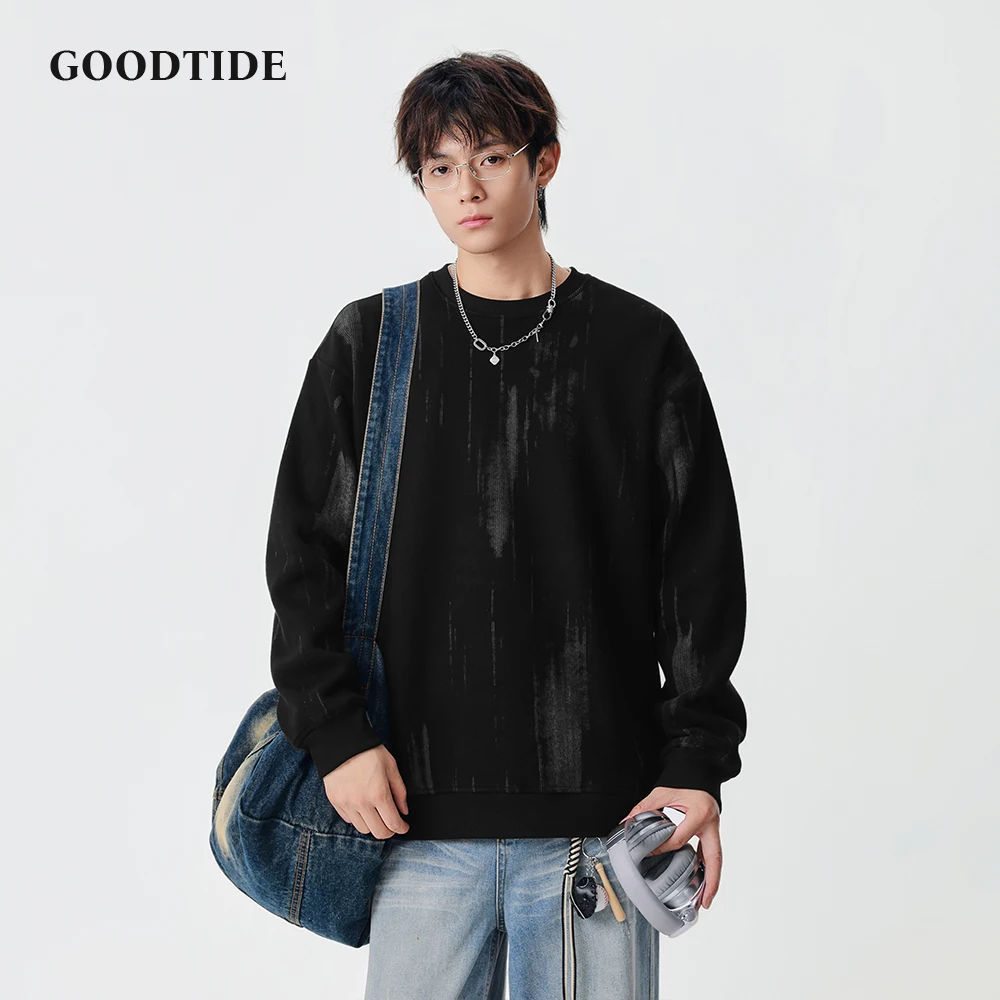 

2025 New Men's Casual Crew Neck Sweatshirt Distressed Pattern Loose Fit Design Fashion Autumn Winter Men Pullover Daily Wear Top