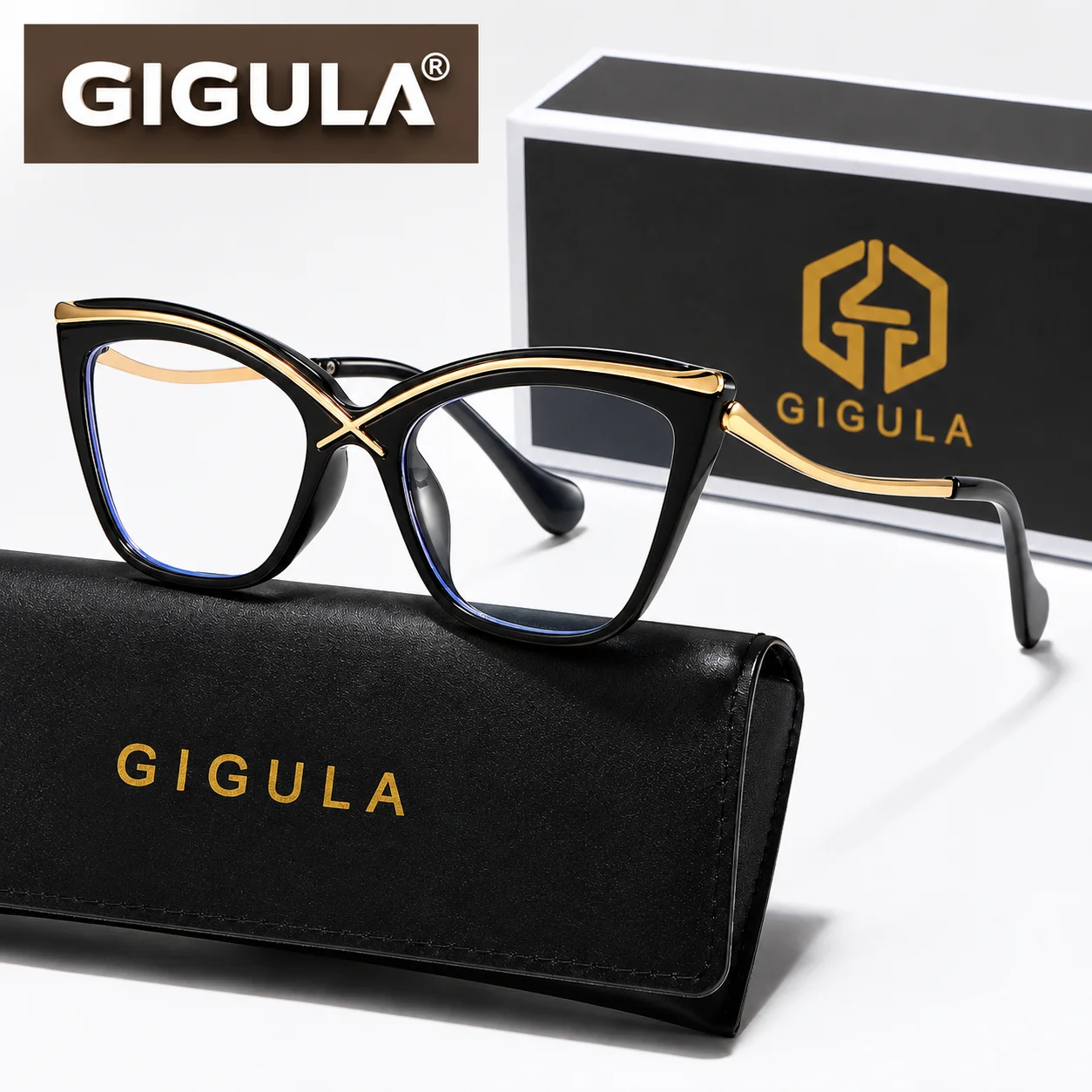 Ladies' cat eye anti blue light glasses, large frame fashionable computer glasses, office daily wear, with leather mirror box