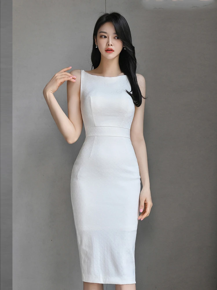 Vêtements pour femmes élégant mode blanc Robe formelle dames professionnel Sexy gilet moulante Midi Robe femme fête travail robes