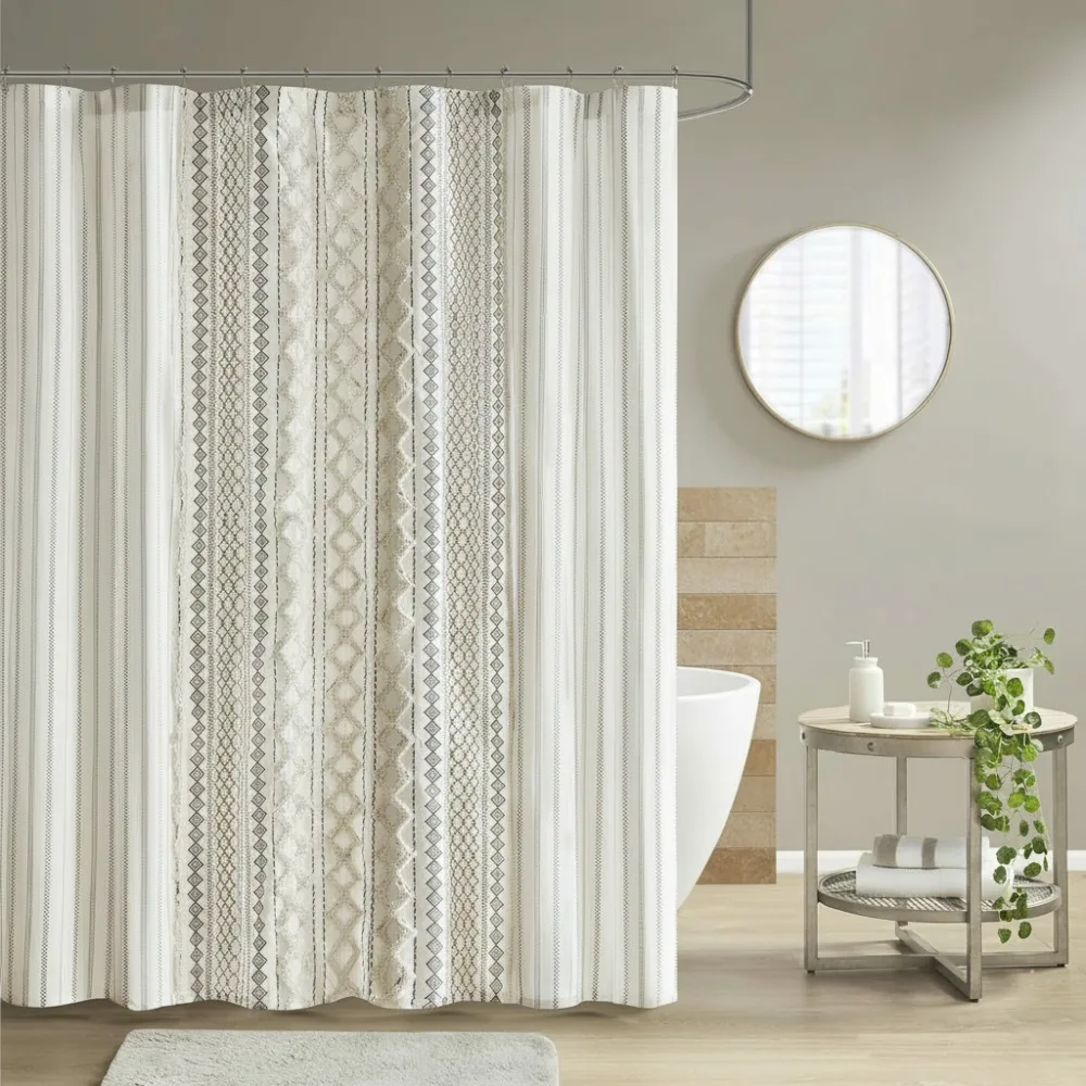 

Modern Cotton Shower Curtain with Chenille Stripe, Machine Washable, 72x72 Inches, Ivory for Bathroom Decor