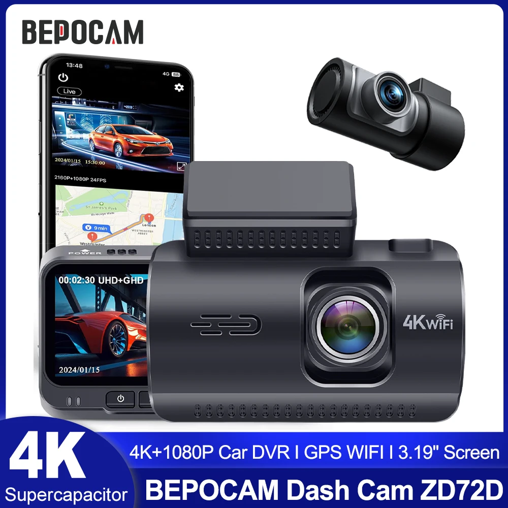 Câmera Veicular BEPOCAM 4K Frontal e Traseira com WiFi 5.8GHz, Tela IPS de 3.19" para Carros com GPS e Visão Noturna 170° ° Modo de Estacionamento 24H com Lente Grande Angular