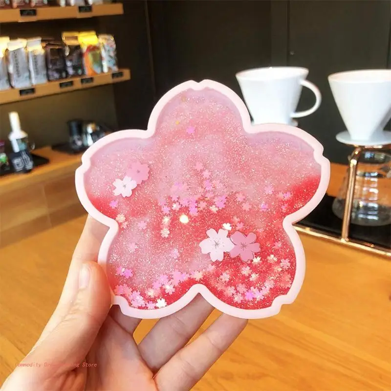 Glitter Coasters for Drinks Cherry Flower Pattern Insulation Plastic Funny Cup Mat for Decoration