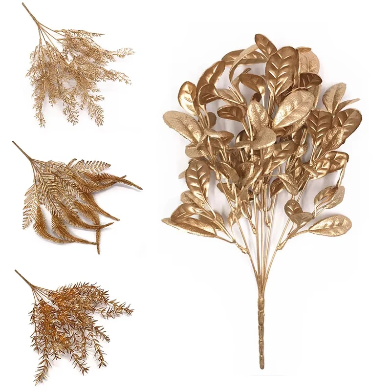 1pc Shiny Golden Series Artificial Plant Gold Leaves Fake Plastic Flower Floral DIY Accessories Christmas Wedding Decorative