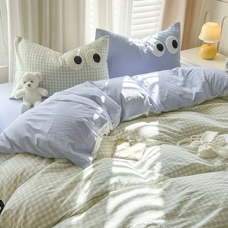 Korean Bedding Sets Cute Eyes Duvet Cover with Flat Sheet Pillowcase Single Double Size Boys Girls Bed Linen No Filler