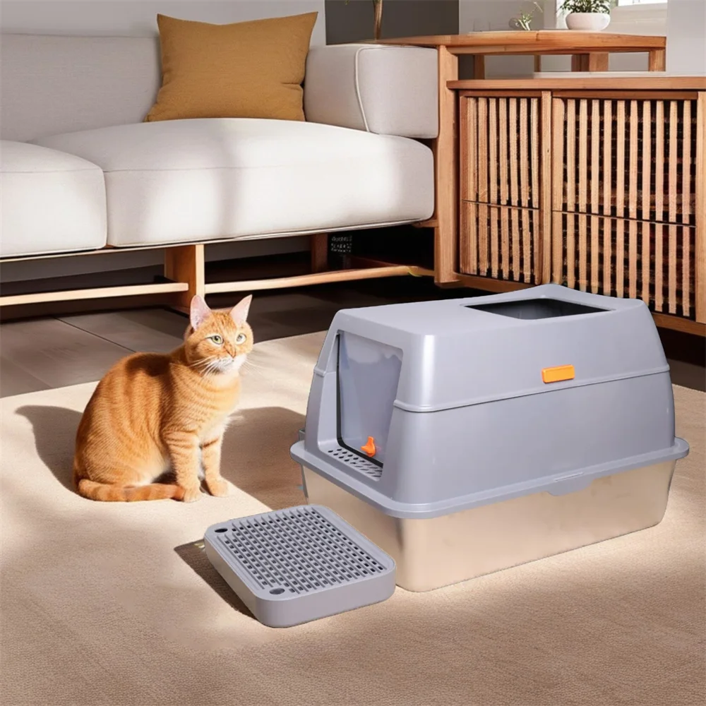 XXL Stainless Steel Cat Litter Box with Lid Large Litter Pan High Wall Side Easy Cleaning Toilet view 4