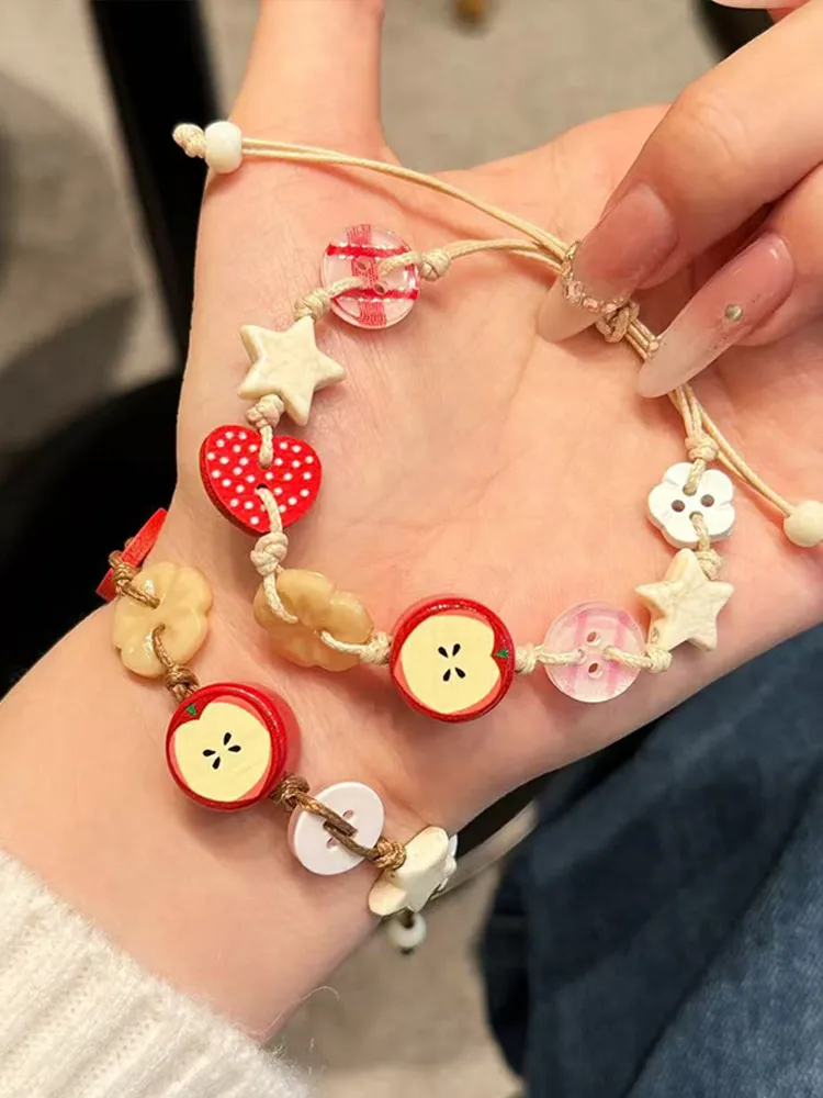 Handmade Ceramic Apple Bracelet Adjustable Woven Cord Cartoon Beads Bangles For Women Gifts Jewelry Accessories Pulsera Mujer